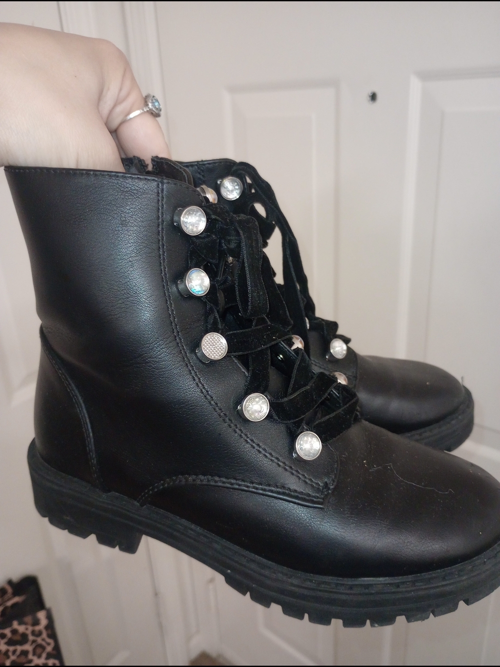 Art Glagss Girls Velvet Lace-Up Combat Boots with Rhinestone Eyelets